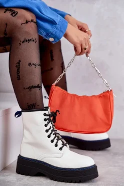 Damskie Wiązane Botki Glany Białe Callie