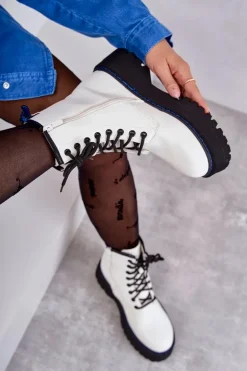 Damskie Wiązane Botki Glany Białe Callie