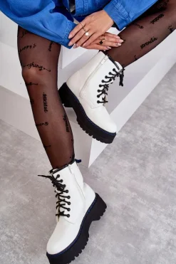 Damskie Wiązane Botki Glany Białe Callie