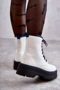 Damskie Wiązane Botki Glany Białe Callie