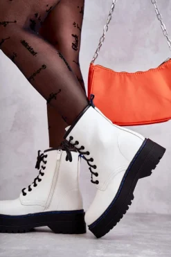 Damskie Wiązane Botki Glany Białe Callie