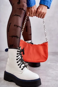 Damskie Wiązane Botki Glany Białe Callie