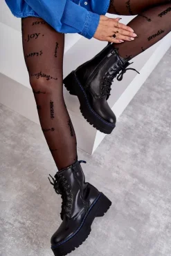 Damskie Wiązane Botki Glany Czarne Callie