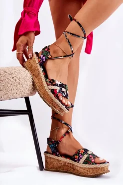 Damskie Wiązane Sandałki Espadryle W Kwiaty Czarne Lamour
