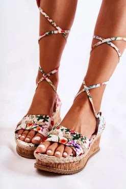 Damskie Wiązane Sandałki Espadryle W Kwiaty Białe Lamour