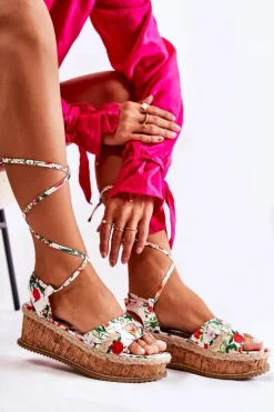 Damskie Wiązane Sandałki Espadryle W Kwiaty Białe Lamour