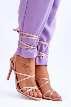 Damskie Wiązane Sandałki Na Szpilce Beżowe Meya