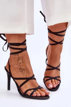 Damskie Wiązane Sandałki Na Szpilce Czarne Meya
