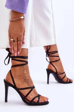 Damskie Wiązane Sandałki Na Szpilce Czarne Meya