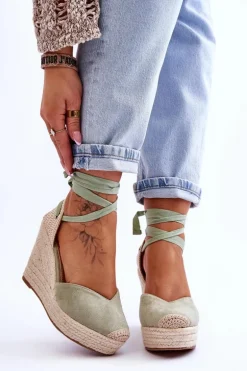 Damskie Wiązane Sandały Na Koturnie Zielone Bethany