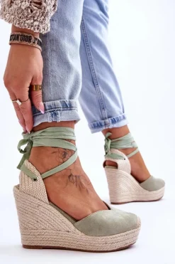 Damskie Wiązane Sandały Na Koturnie Zielone Bethany