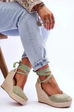 Damskie Wiązane Sandały Na Koturnie Zielone Bethany