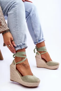 Damskie Wiązane Sandały Na Koturnie Zielone Bethany