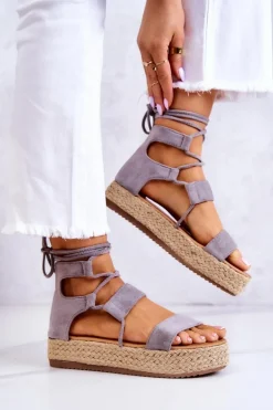 Damskie Wiązane Sandały Na Platformie Szare Amrillo