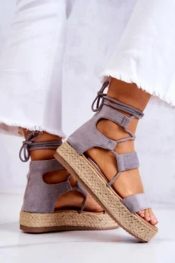 Damskie Wiązane Sandały Na Platformie Szare Amrillo