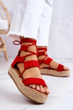 Damskie Wiązane Sandały Na Platformie Czerwone Amrillo
