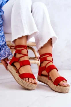 Damskie Wiązane Sandały Na Platformie Czerwone Amrillo