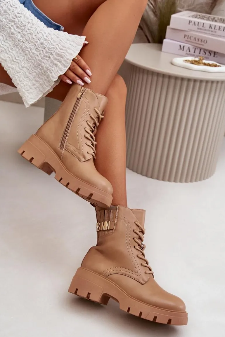 Damskie Workery Botki Na Zamek Sznurowane Z Eko Skóry Beżowe Naolani