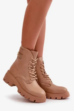 Damskie Workery Botki Na Zamek Sznurowane Z Eko Skóry Beżowe Naolani