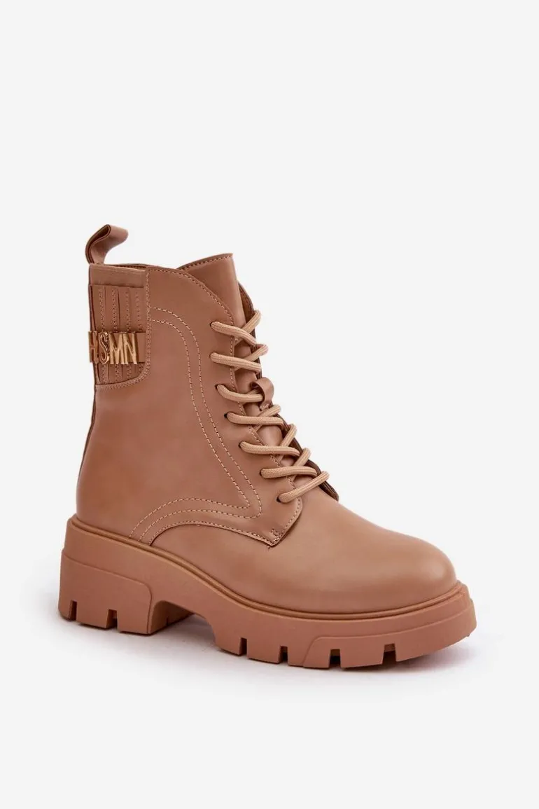 Damskie Workery Botki Na Zamek Sznurowane Z Eko Skóry Beżowe Naolani