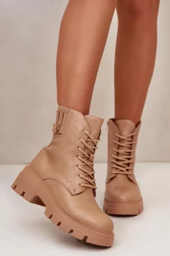 Damskie Workery Botki Na Zamek Sznurowane Z Eko Skóry Beżowe Naolani