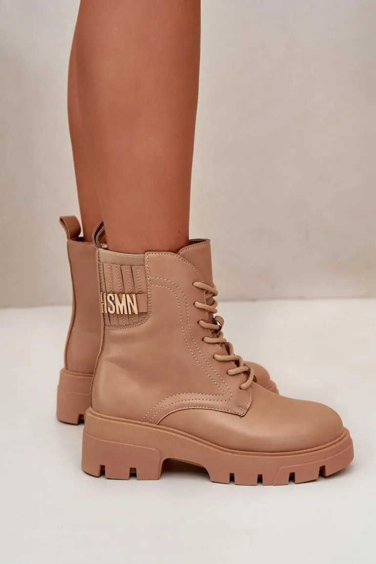 Damskie Workery Botki Na Zamek Sznurowane Z Eko Skóry Beżowe Naolani