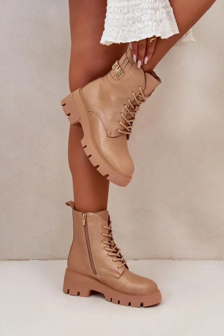 Damskie Workery Botki Na Zamek Sznurowane Z Eko Skóry Beżowe Naolani