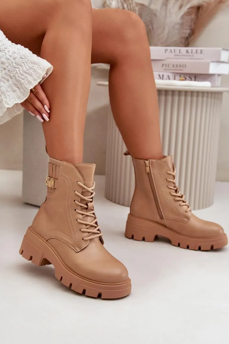 Damskie Workery Botki Na Zamek Sznurowane Z Eko Skóry Beżowe Naolani