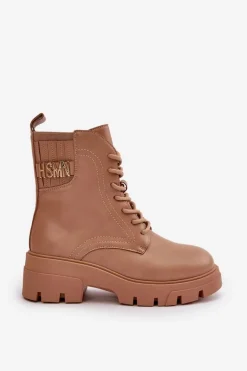 Damskie Workery Botki Na Zamek Sznurowane Z Eko Skóry Beżowe Naolani