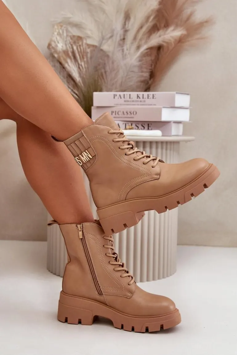 Damskie Workery Botki Na Zamek Sznurowane Z Eko Skóry Beżowe Naolani