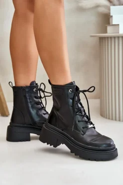 Damskie Workery Botki Ocieplane Ze Skóry Naturalnej Goe OO2N4115-W2 Czarne