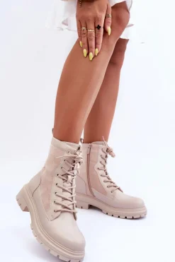 Damskie Workery Botki Skórzane Jasnobeżowe Faustina