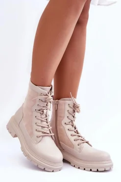 Damskie Workery Botki Skórzane Jasnobeżowe Faustina