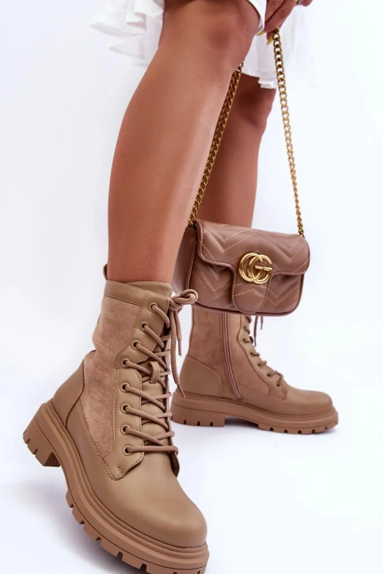 Damskie Workery Botki Skórzane Beżowe Faustina