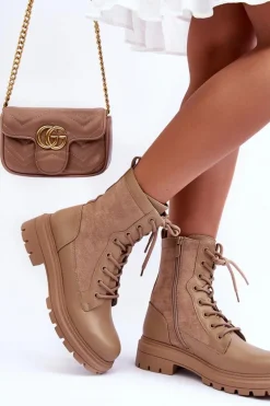 Damskie Workery Botki Skórzane Beżowe Faustina