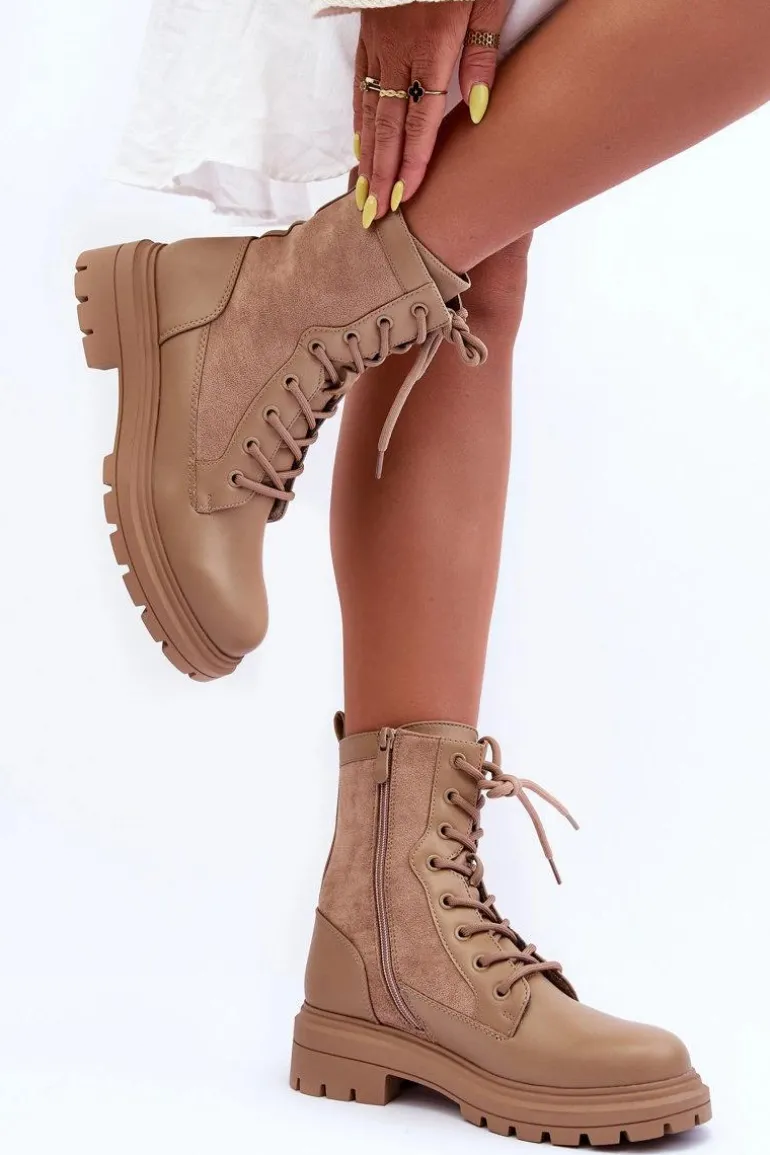 Damskie Workery Botki Skórzane Beżowe Faustina