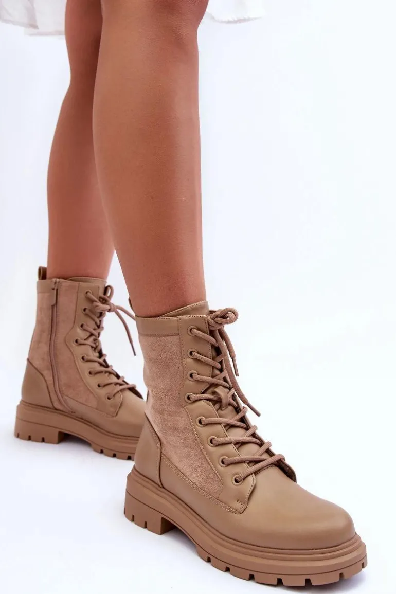 Damskie Workery Botki Skórzane Beżowe Faustina