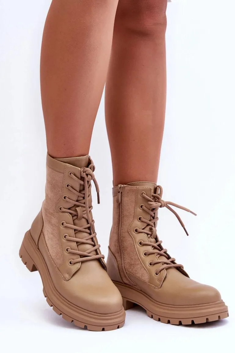 Damskie Workery Botki Skórzane Beżowe Faustina