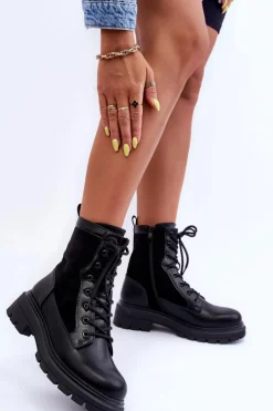 Damskie Workery Botki Skórzane Czarne Faustina