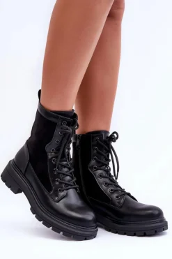 Damskie Workery Botki Skórzane Czarne Faustina