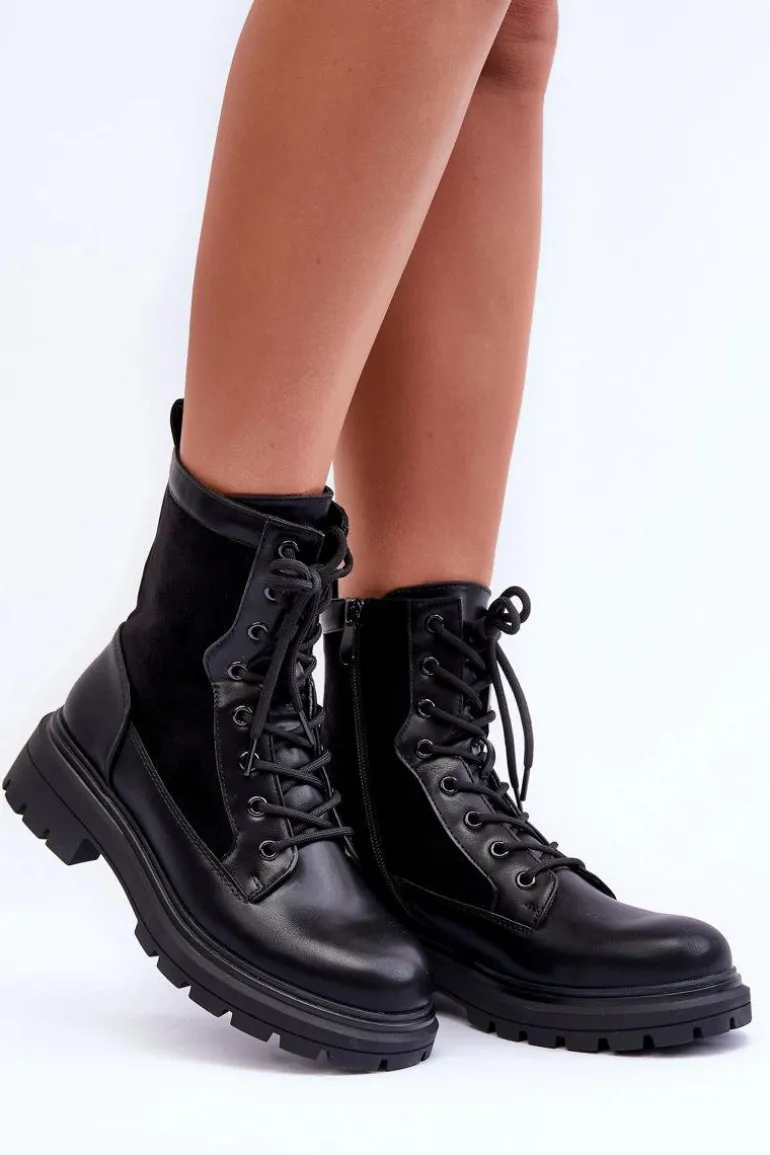 Damskie Workery Botki Skórzane Czarne Faustina