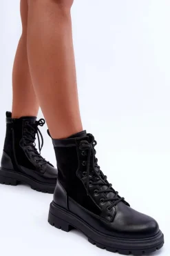 Damskie Workery Botki Skórzane Czarne Faustina