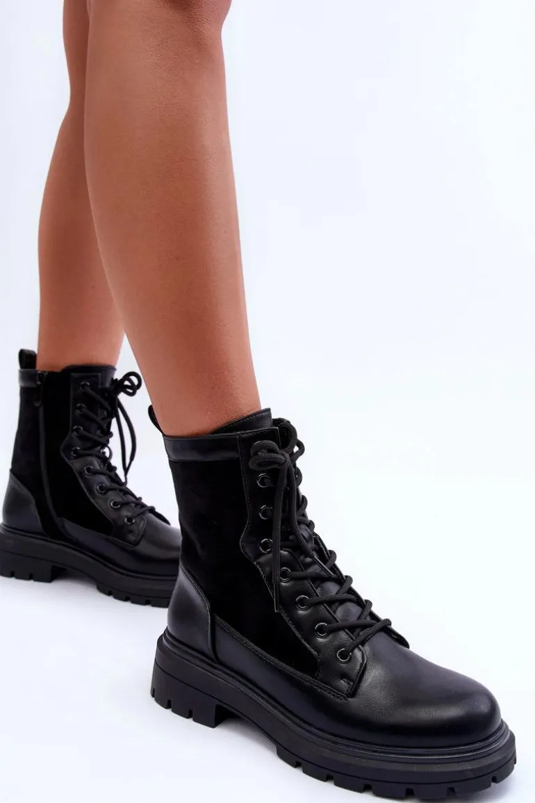 Damskie Workery Botki Skórzane Czarne Faustina