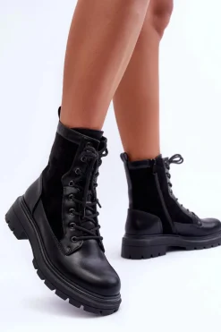 Damskie Workery Botki Skórzane Czarne Faustina