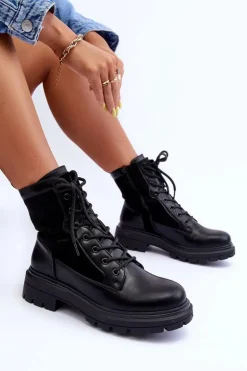 Damskie Workery Botki Skórzane Czarne Faustina