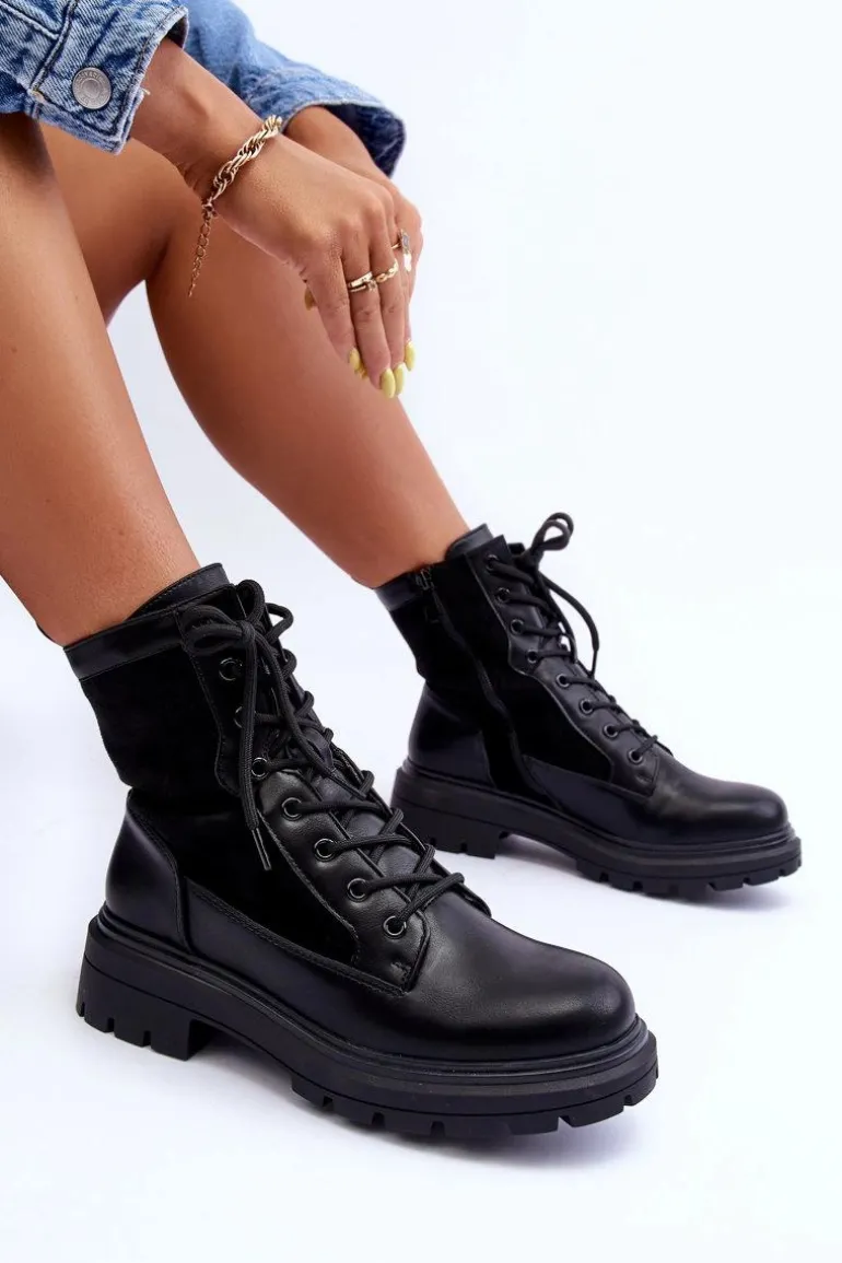 Damskie Workery Botki Skórzane Czarne Faustina