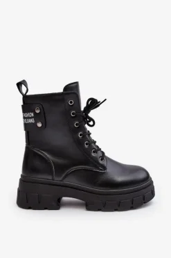 Damskie Workery Botki Sznurowane Na Płaskim Obcasie Czarne Brenhile