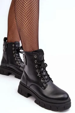 Damskie Workery Botki Sznurowane Na Płaskim Obcasie Czarne Brenhile