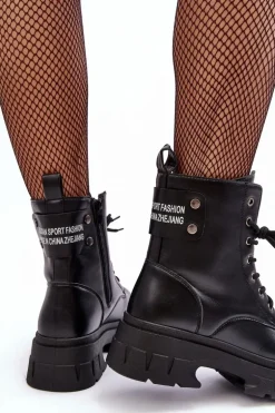 Damskie Workery Botki Sznurowane Na Płaskim Obcasie Czarne Brenhile