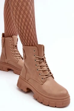 Damskie Workery Botki Sznurowane Na Płaskim Obcasie Beżowe Brenhile